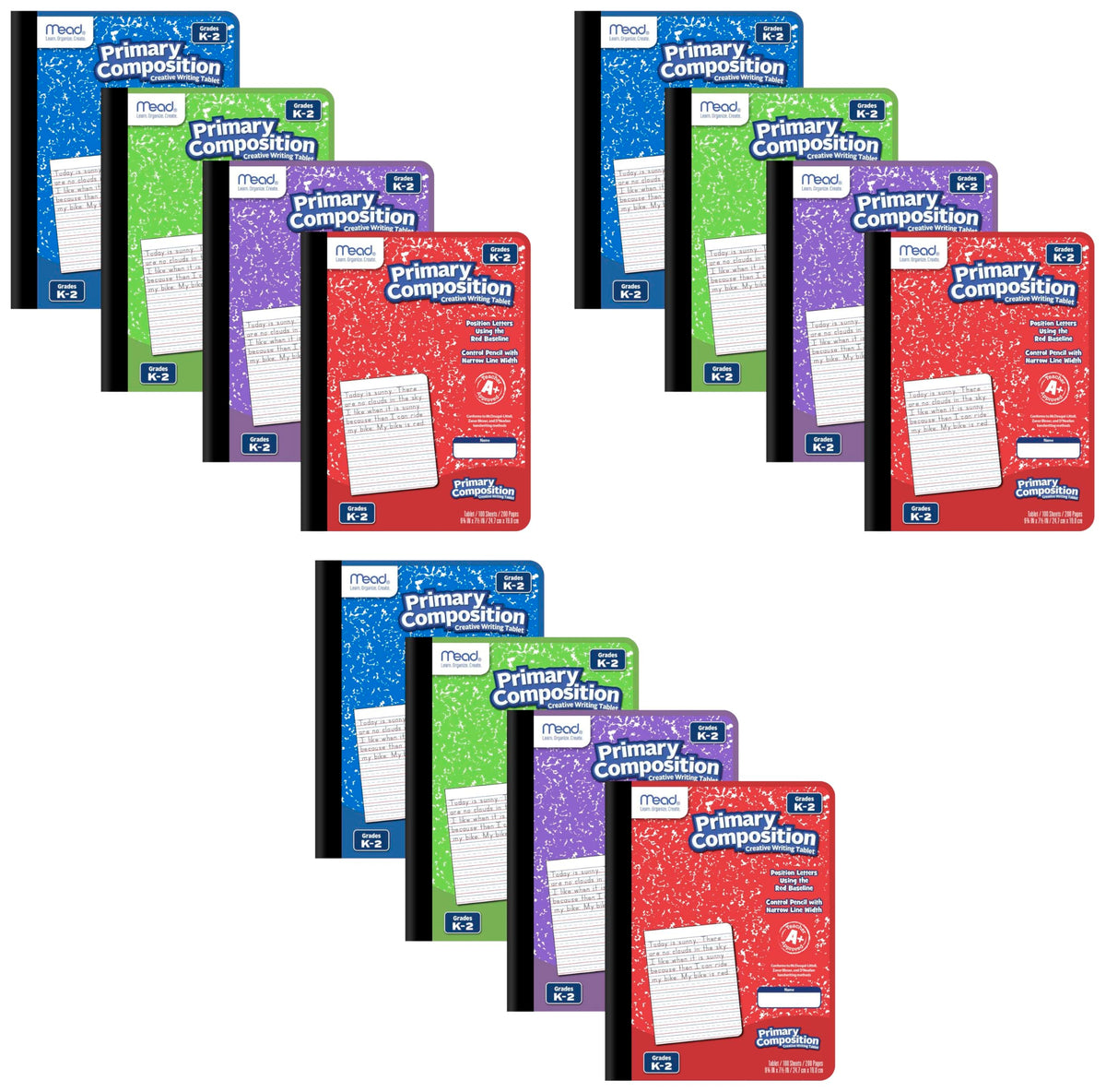 Mead Primary Composition Book, 4 Pack, Primary Ruled Journal, Grades K-2, 7-1/2" x 9-3/4", 100 Sheets per Comp Book, Assorted Colors (610053-ECM)