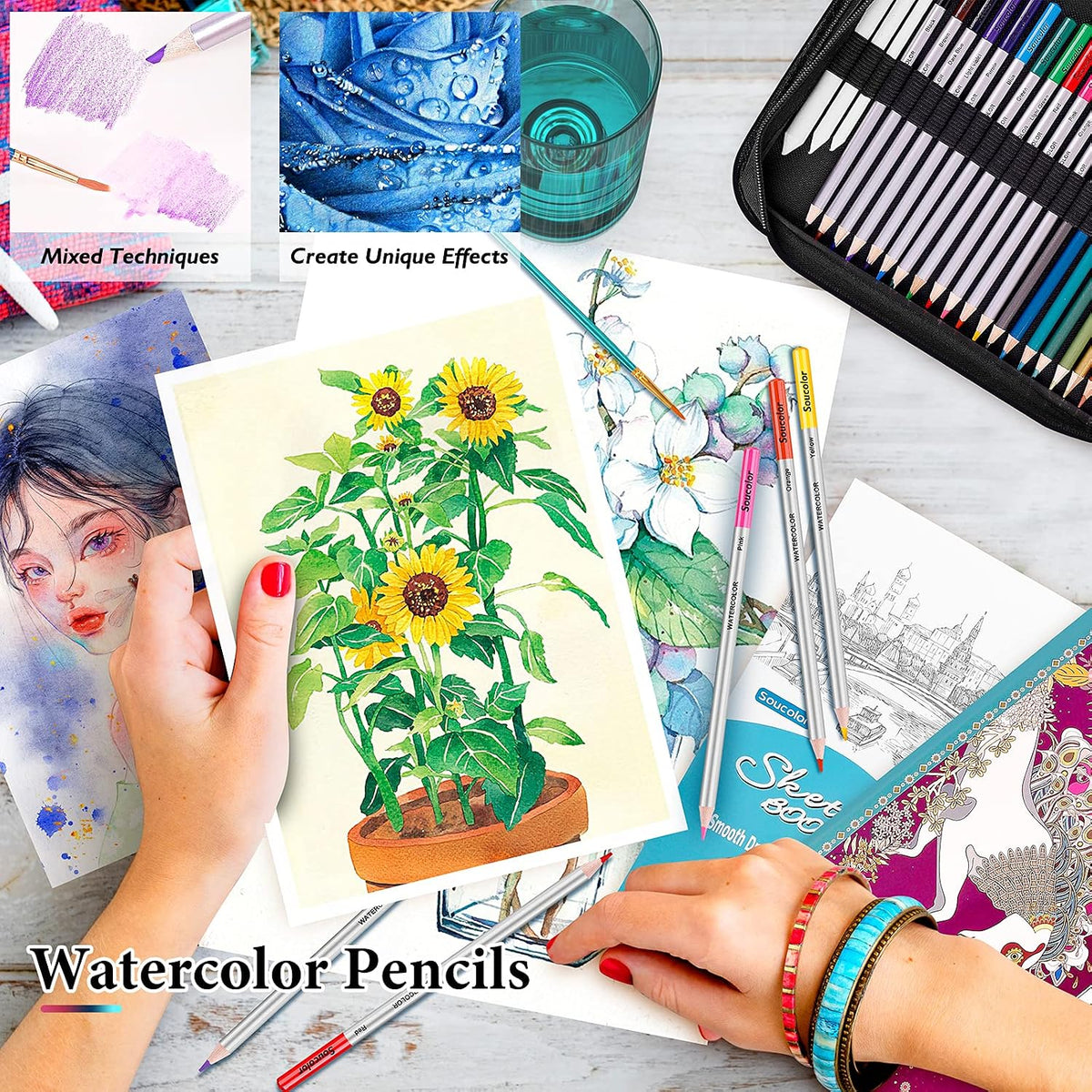 Soucolor 73Pcs Art Supplies Drawing Kit Sketch Pencils Set Adults Gift