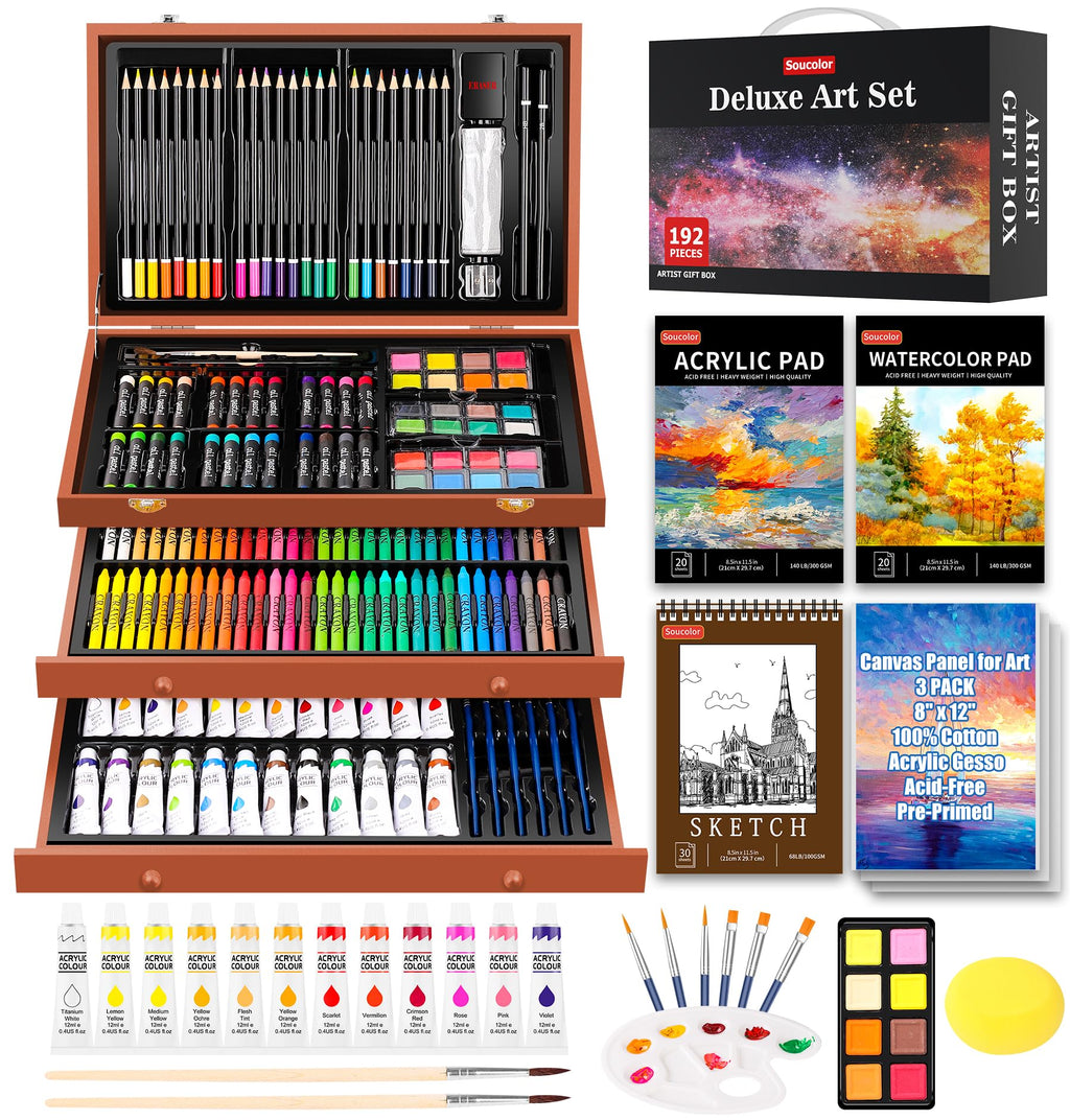 Soucolor Art Supplies,192 Pack Deluxe Art Set Drawing Painting Supplies Kit