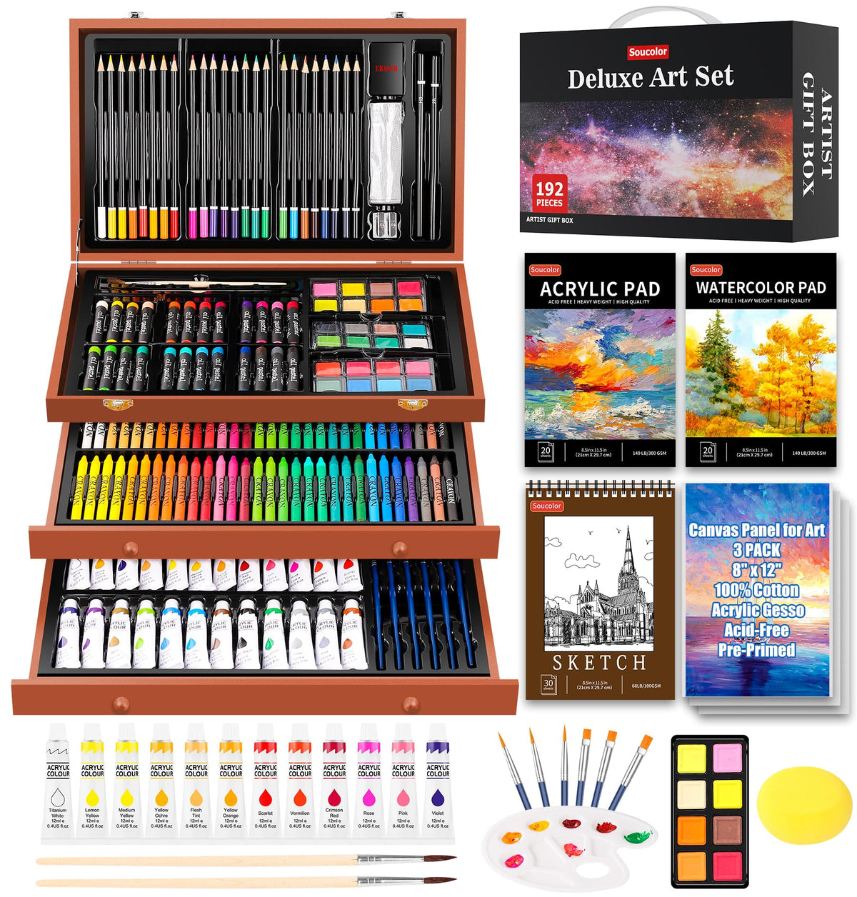Soucolor Art Supplies,192 Pack Deluxe Art Set Drawing Painting Supplies Kit