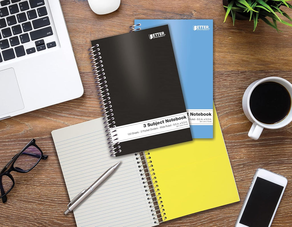 Better Office Products 3 Subject Spiral Notebooks, 9.5 x 5.5 inch, 6 Pack, 150 Sheet Notebook with 2 Double-Sided Pocket Dividers, Assorted Solid Color Covers (College Ruled)