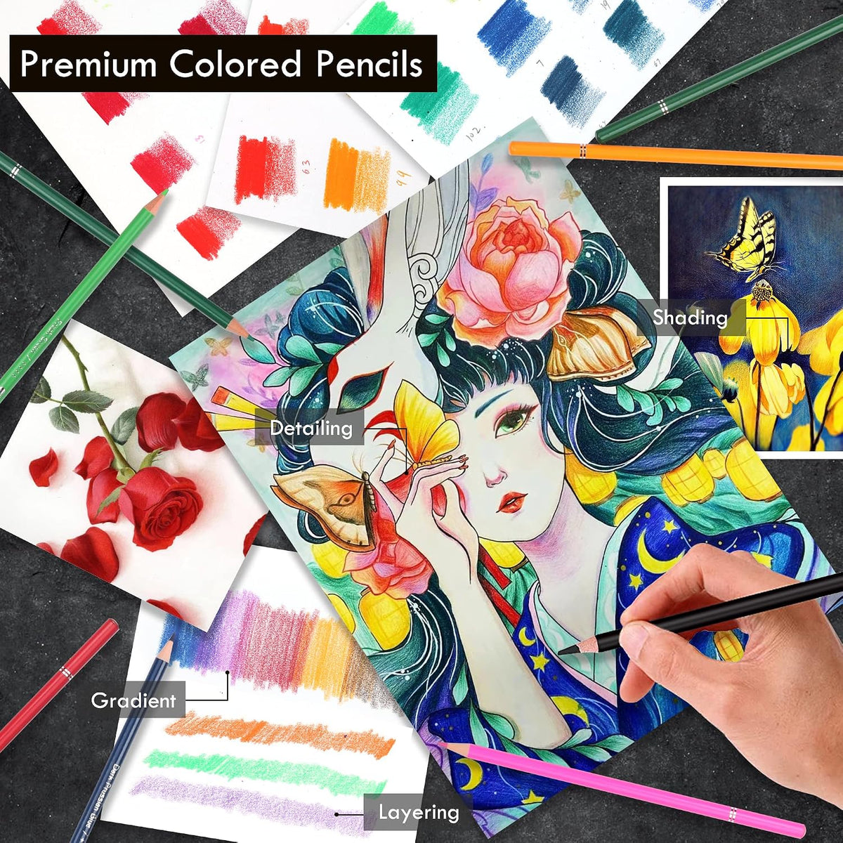KALOUR 180 Colored Pencil Set for Adults Artists - Rich Pigment Soft Core -12 Metallic Pencil - Ideal for Coloring Drawing Sketching Shading Blending - Vibrant Color（Tin Case）
