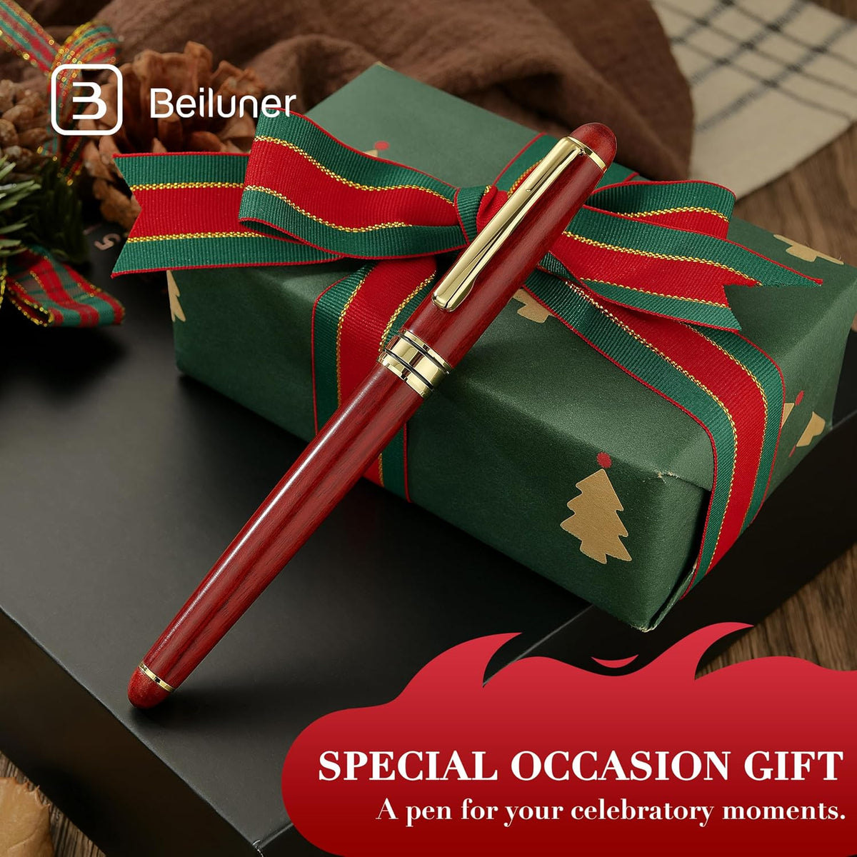 BEILUNER Wood Rollerball Pen Set, Elegant, Rosewood with Gold Finish
