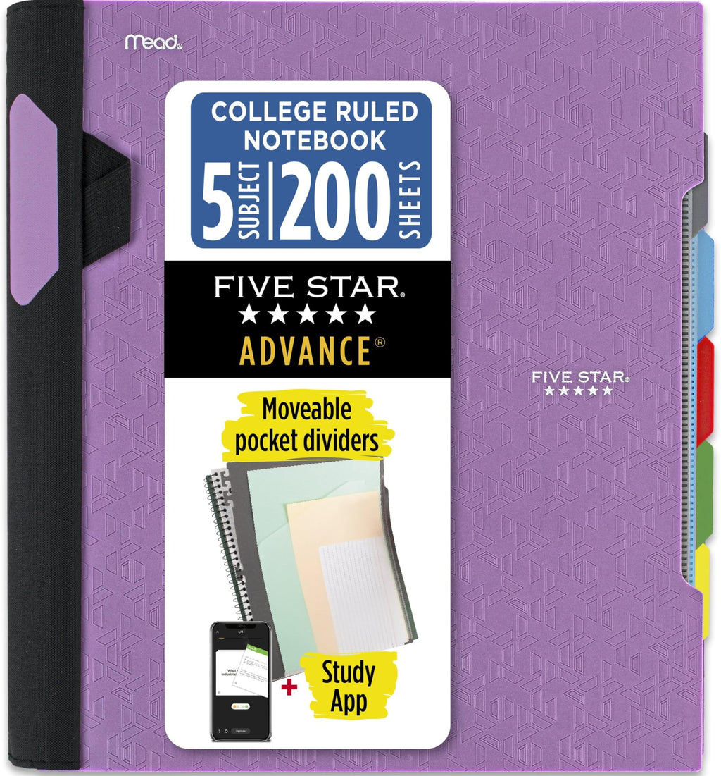 Five Star Advance Spiral Notebook + Study App, 5 Subject, College Ruled Paper, 8-1/2" x 11", 200 Sheets, Spiral Guard, Movable Tabbed Dividers, Fire Red (73146)
