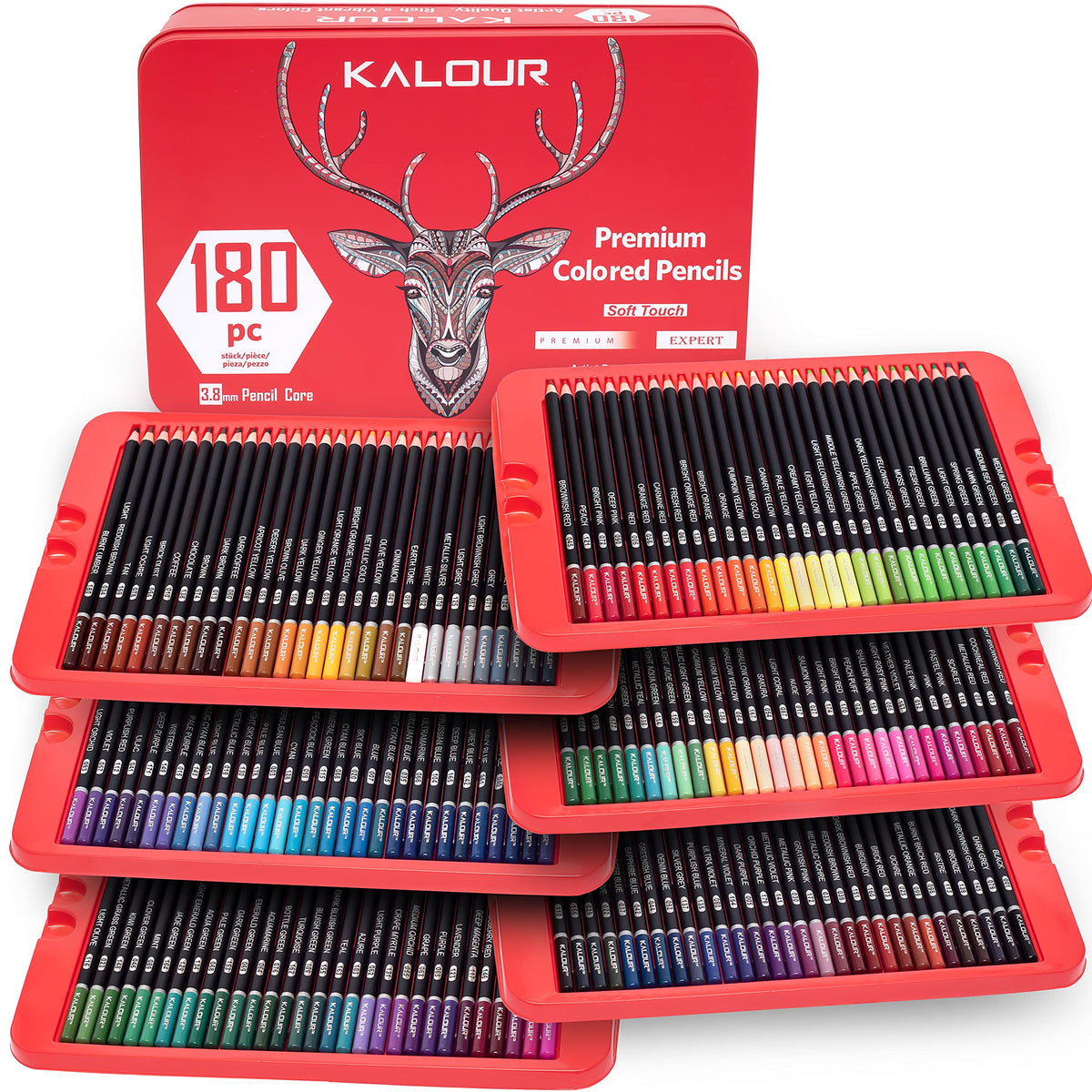 KALOUR 180 Colored Pencil Set for Adults Artists - Rich Pigment Soft Core -12 Metallic Pencil - Ideal for Coloring Drawing Sketching Shading Blending - Vibrant Color（Tin Case）