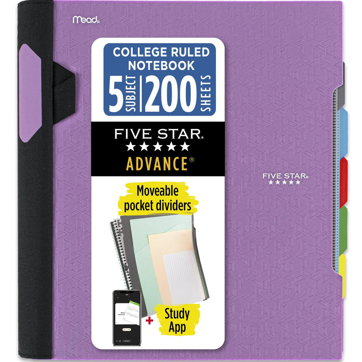 Five Star Advance Spiral Notebook + Study App, 5 Subject, College Ruled Paper, 8-1/2" x 11", 200 Sheets, Spiral Guard, Movable Tabbed Dividers, Pacific Blue (73150)