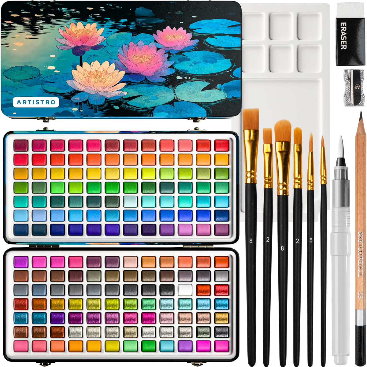 ARTISTRO Vivid Watercolor Paint Set with Palette & Brush Pens