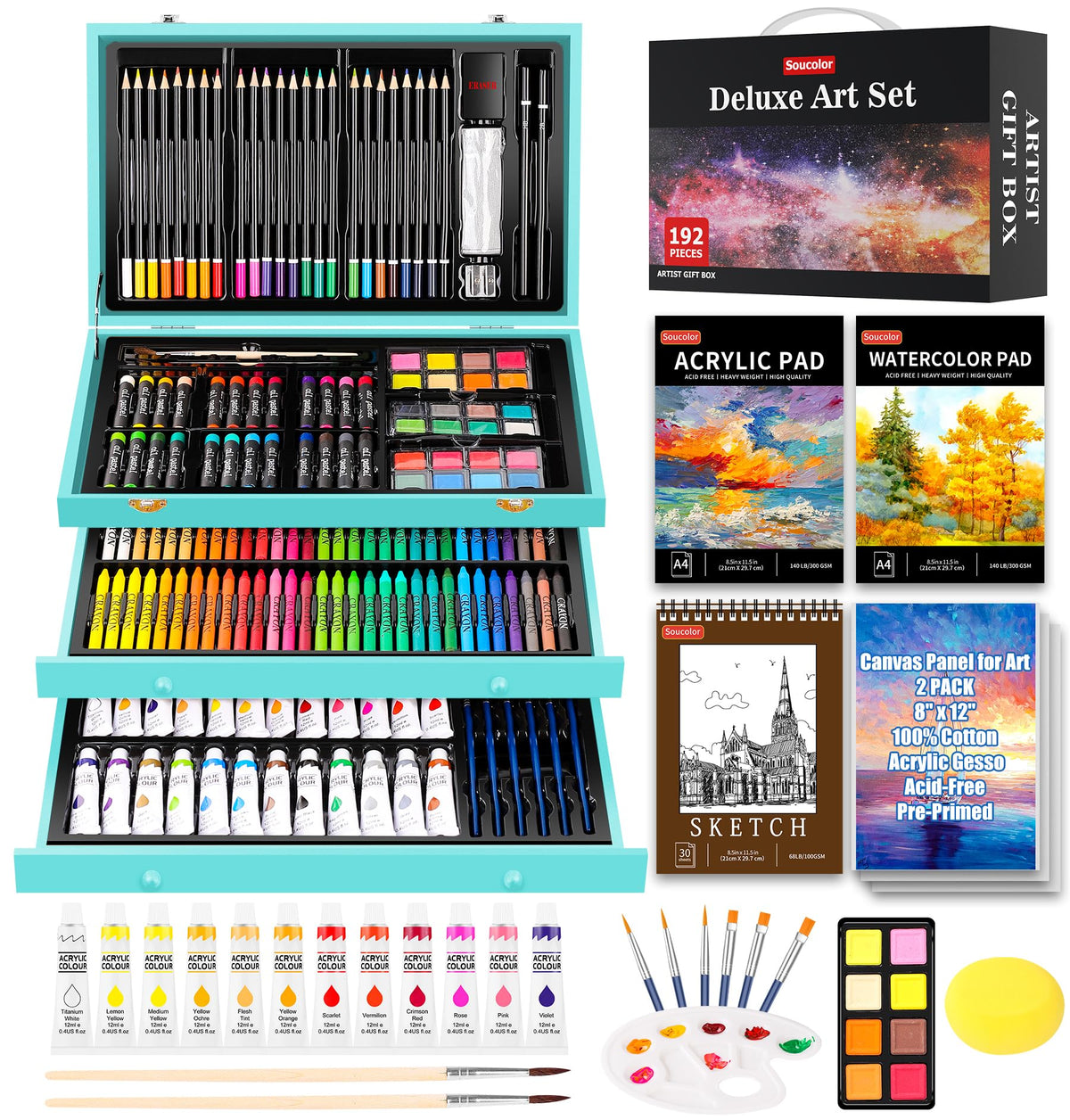 Soucolor Art Supplies,192 Pack Deluxe Art Set Drawing Painting Supplies Kit