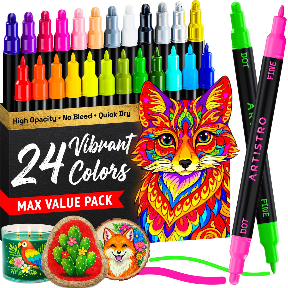 ARTISTRO Metallic Dual-Tip Acrylic Paint Marker Pens - Set of 24