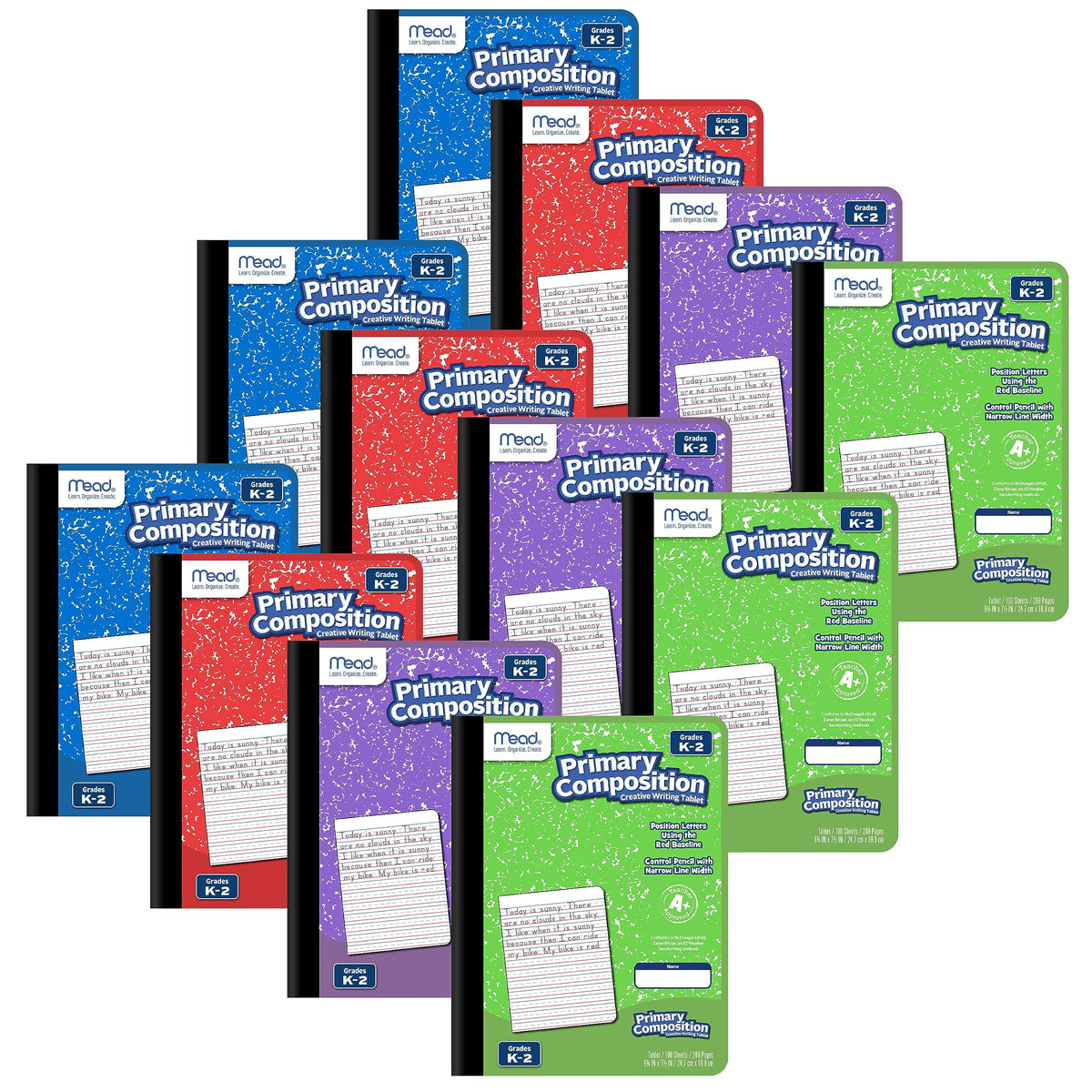 Mead Primary Composition Book, 4 Pack, Primary Ruled Journal, Grades K-2, 7-1/2" x 9-3/4", 100 Sheets per Comp Book, Assorted Colors (610053-ECM)